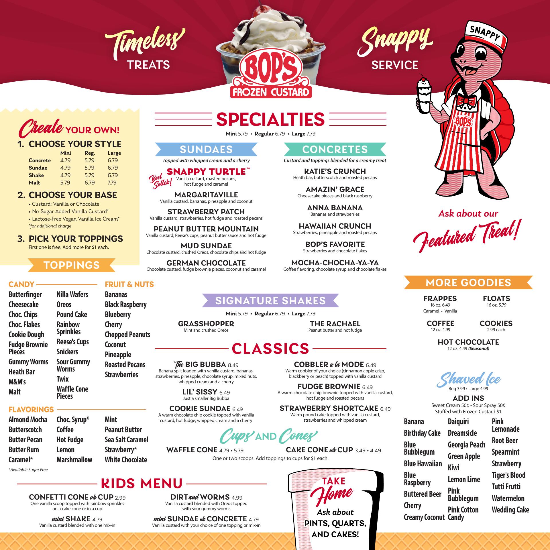 Bop's Frozen Custard Menu