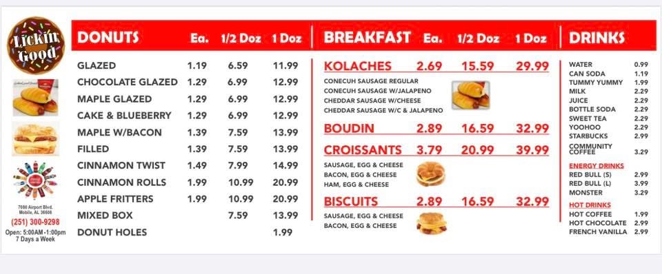Lickin Good Donuts Airport and Cody Menu