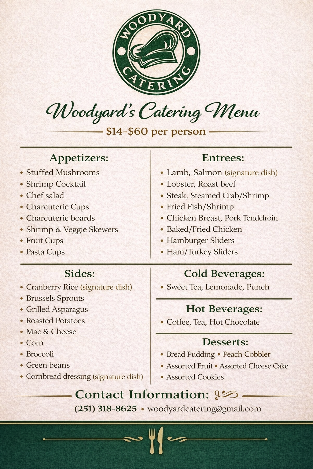 Woodyard Catering Menu