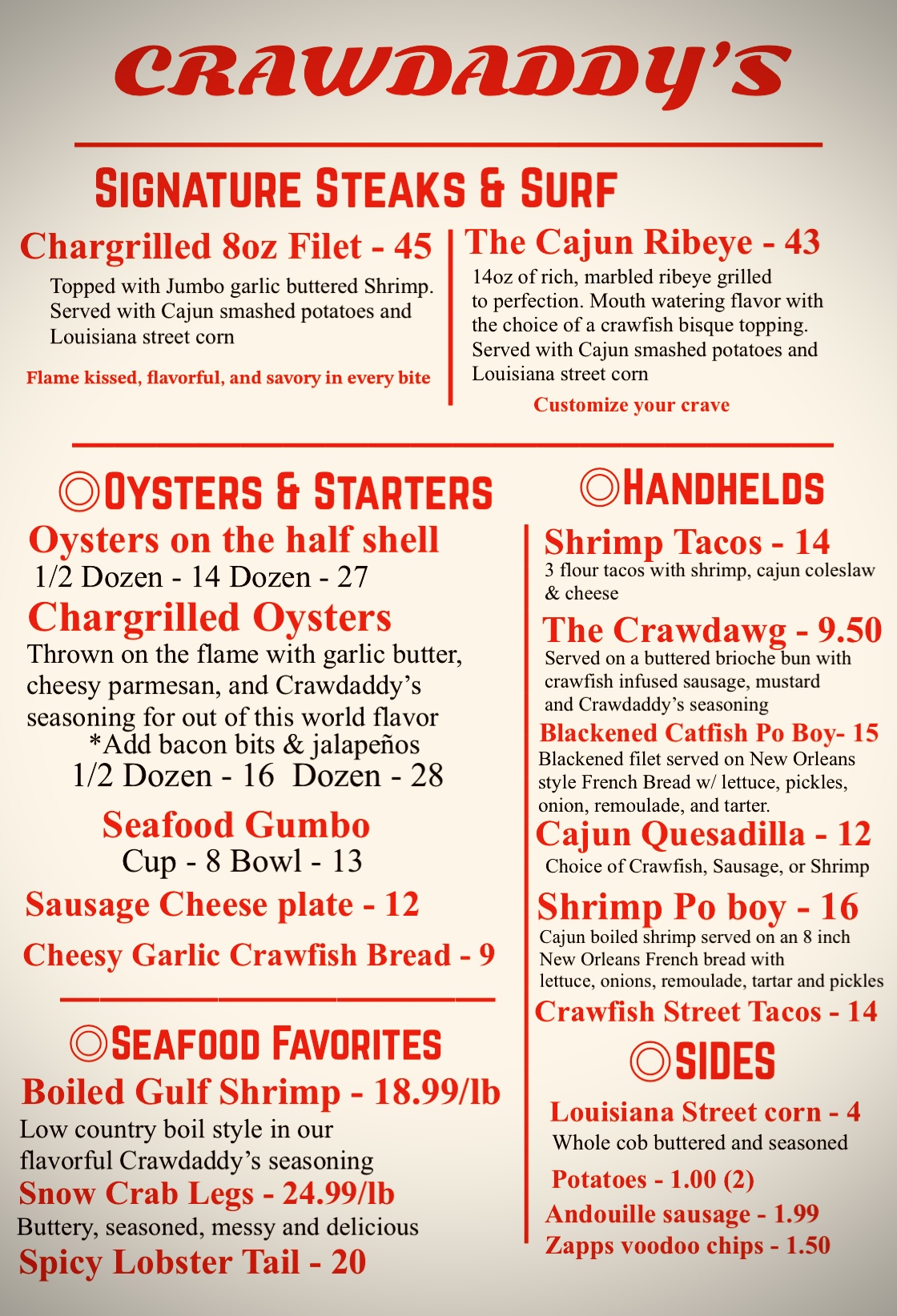 Crawdaddy’s Menu