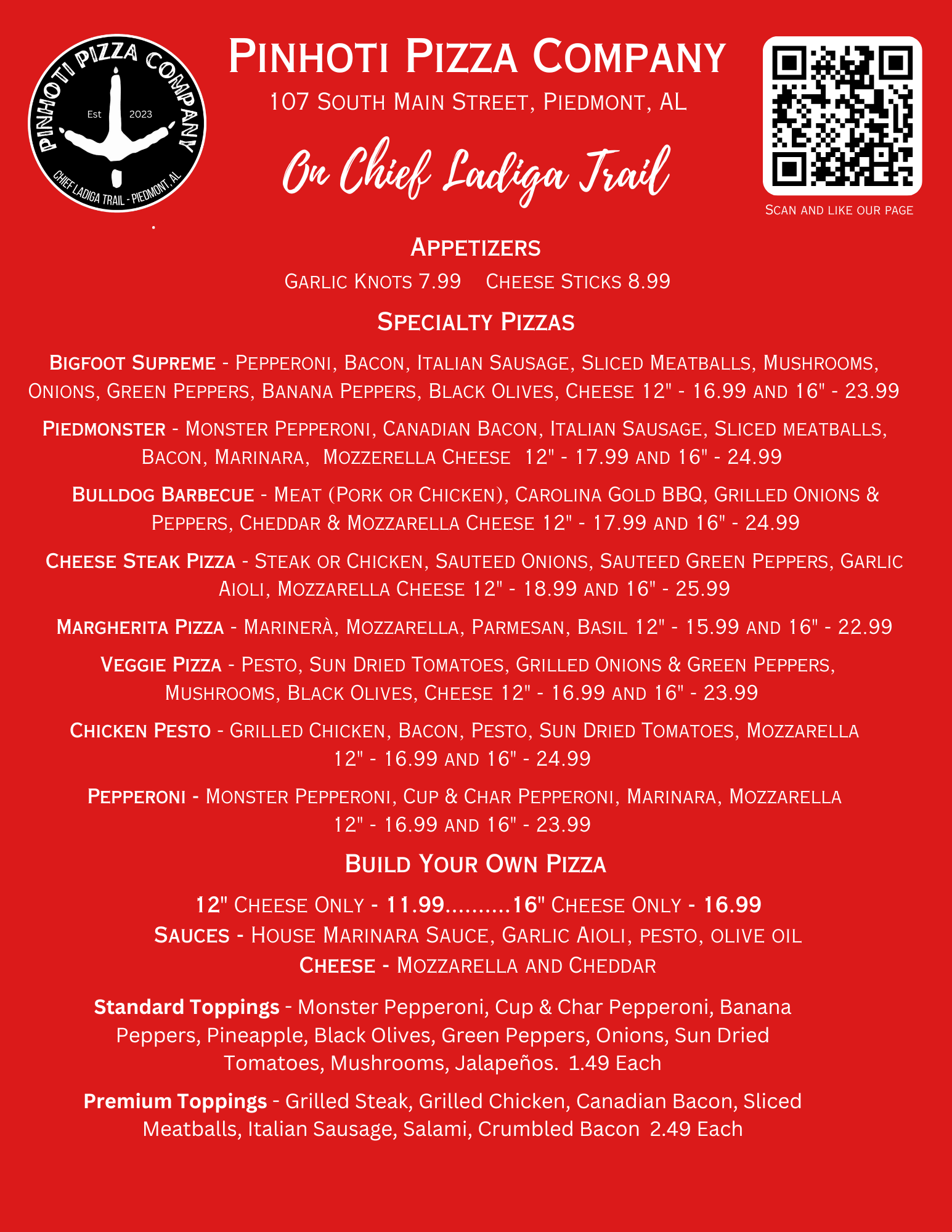 Pinhoti Pizza Company Menu