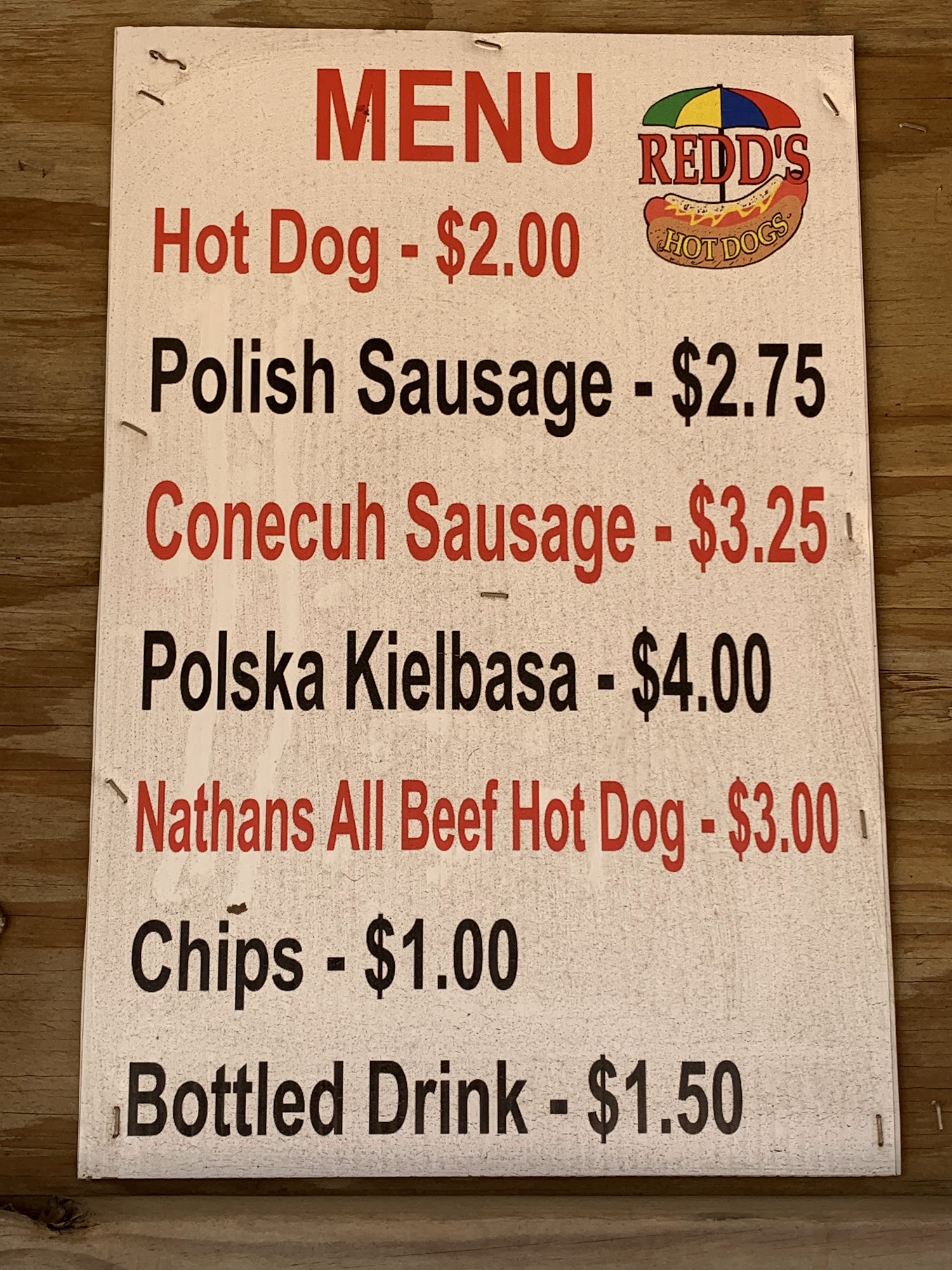 Redd’s Hot Dogs Menu