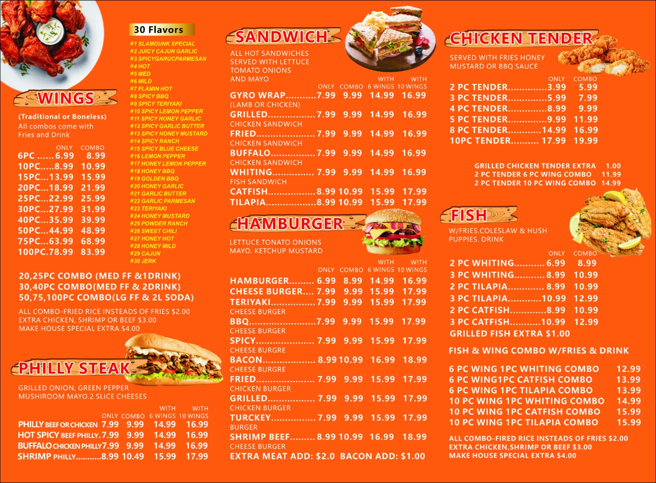 Slam Dunk Wings Menu
