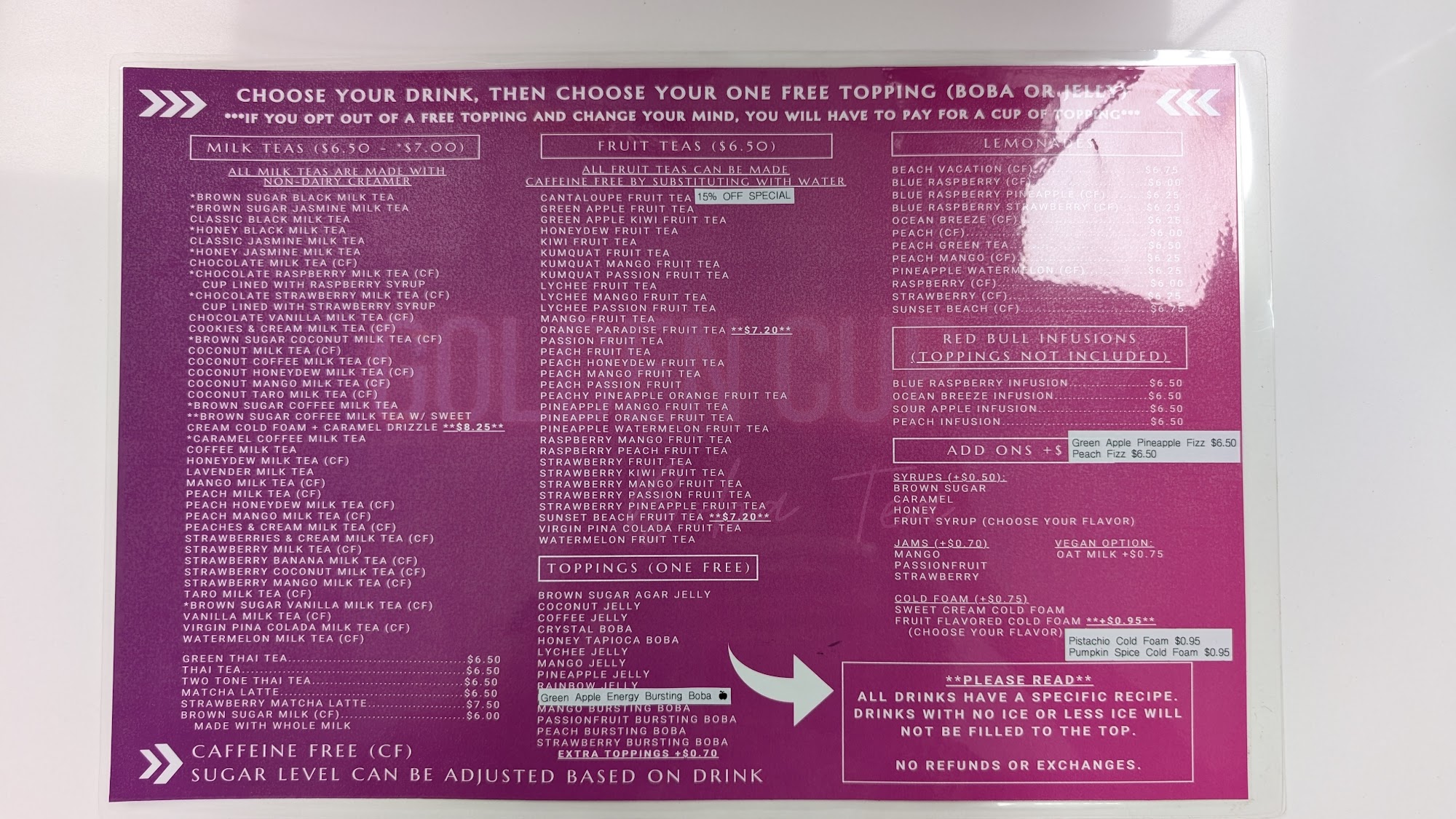 Golden Cup Boba Tea Menu