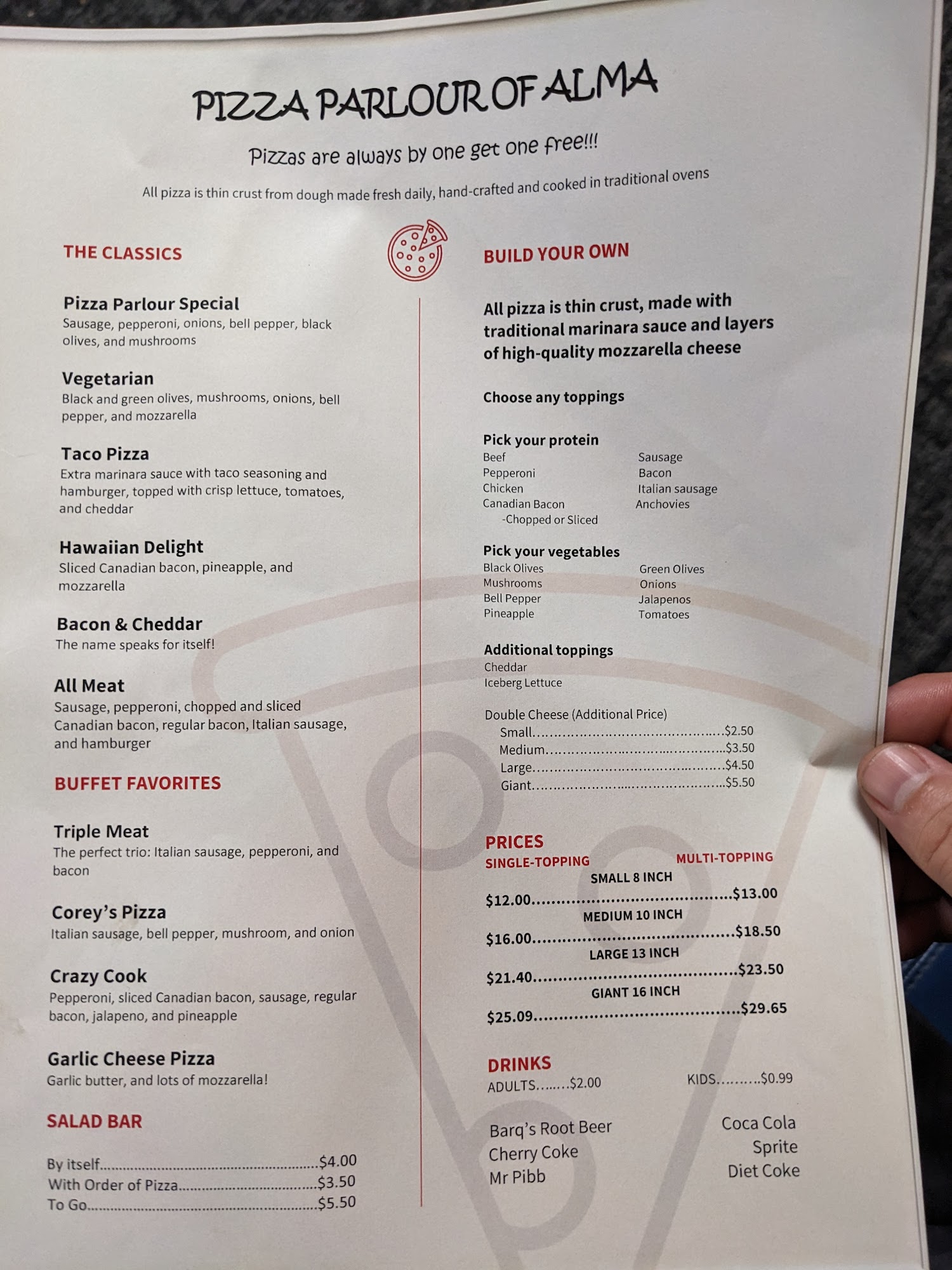 Pizza Parlour Alma Menu