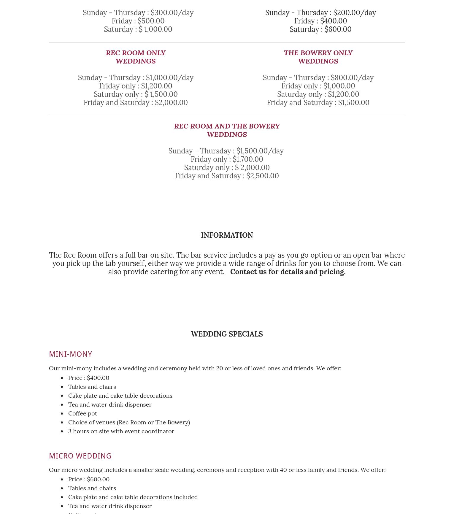 Warren’s Rec Room Menu