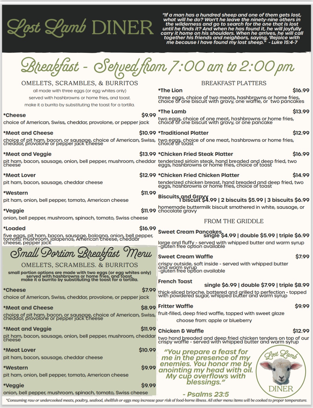 Lost Lamb Diner Menu