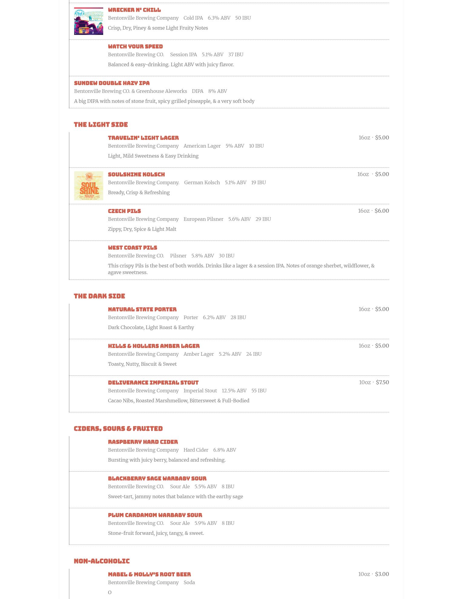 Bentonville Brewing Company Menu