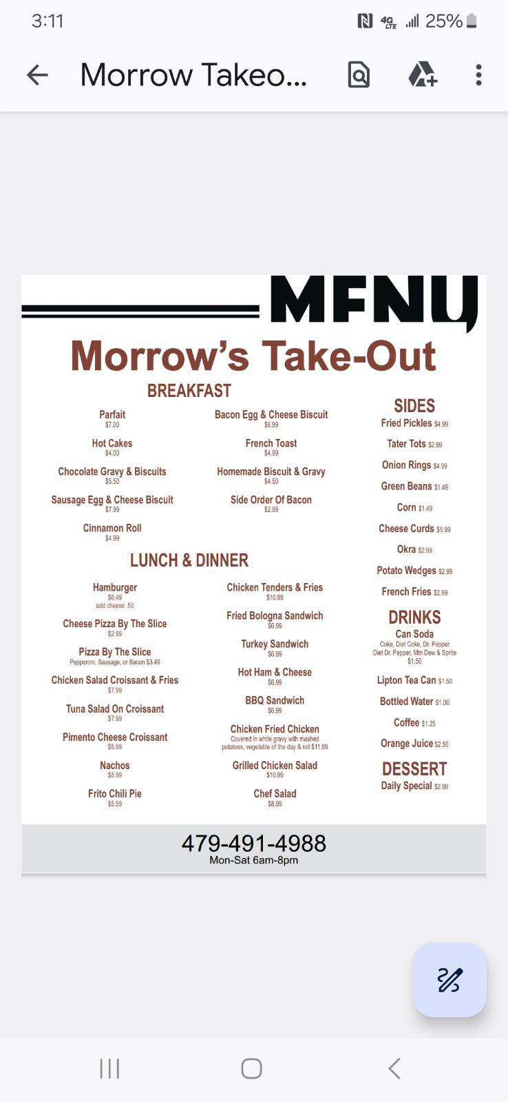 Morrow's Take Out Menu