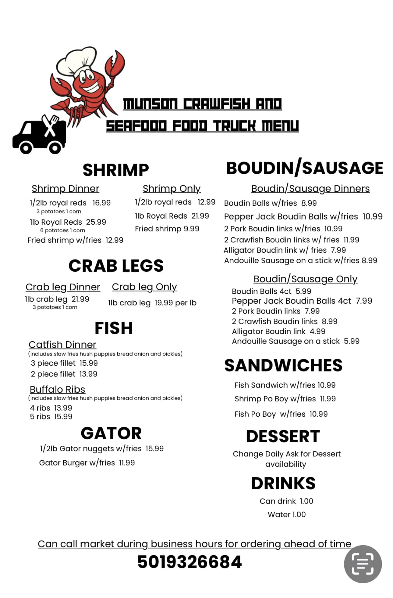 Munson's Crawfish & Seafood, LLC Menu