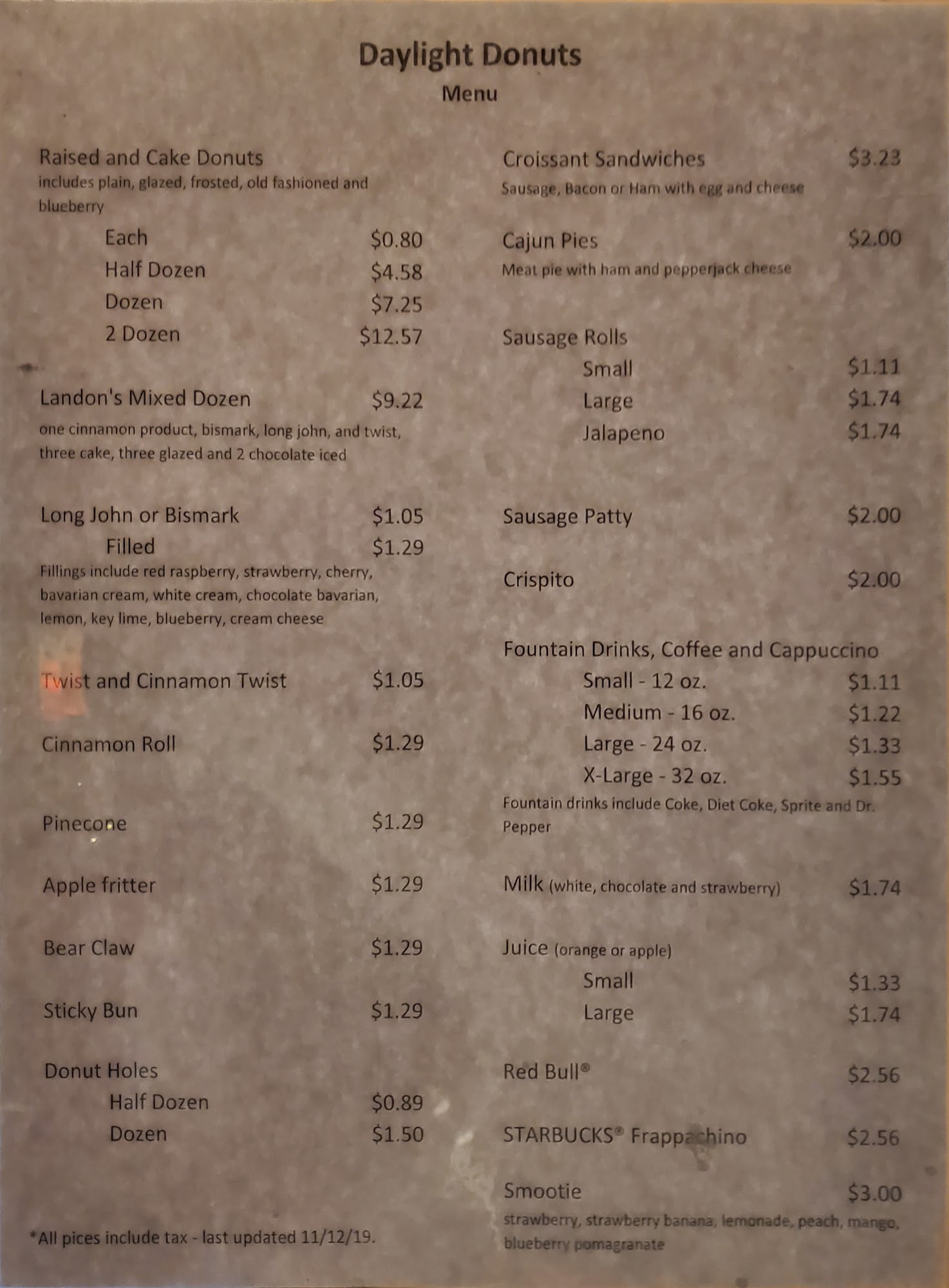 Daylight Donuts Menu