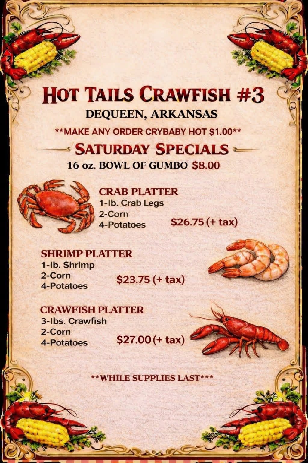 Hot Tails Crawfish #3 Menu