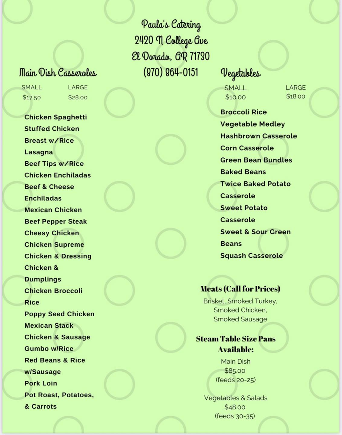 Paula's Catering Menu