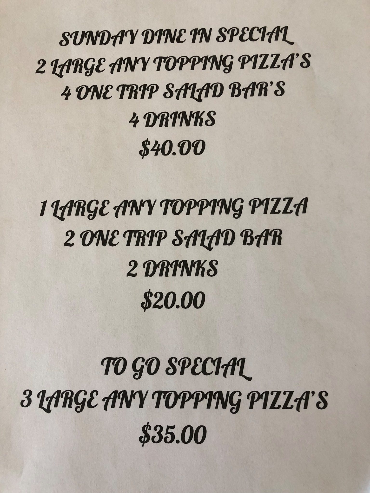 JD's Pizza Parlour Menu