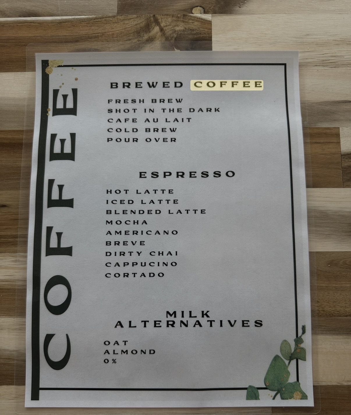 Olive Coffee Company Menu