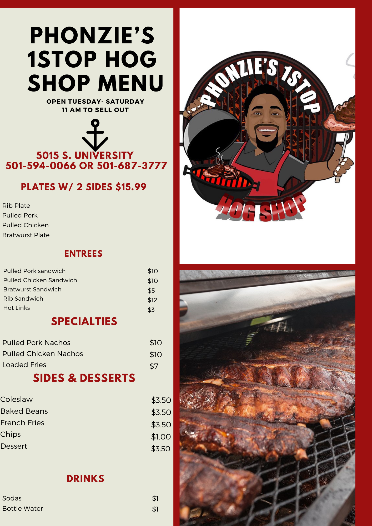 Phonzie's 1Stop Hog Shop Menu