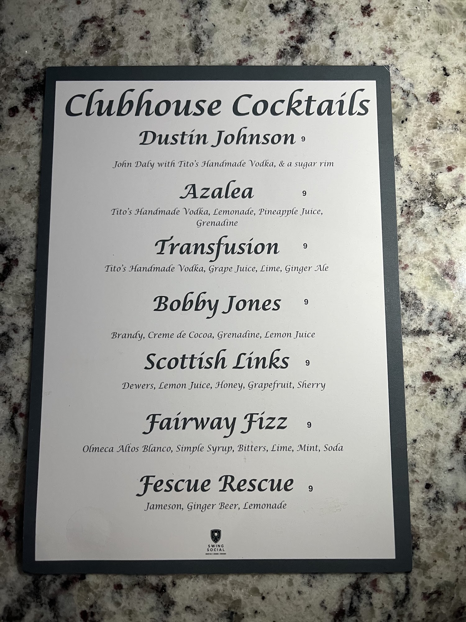Swing Social Menu