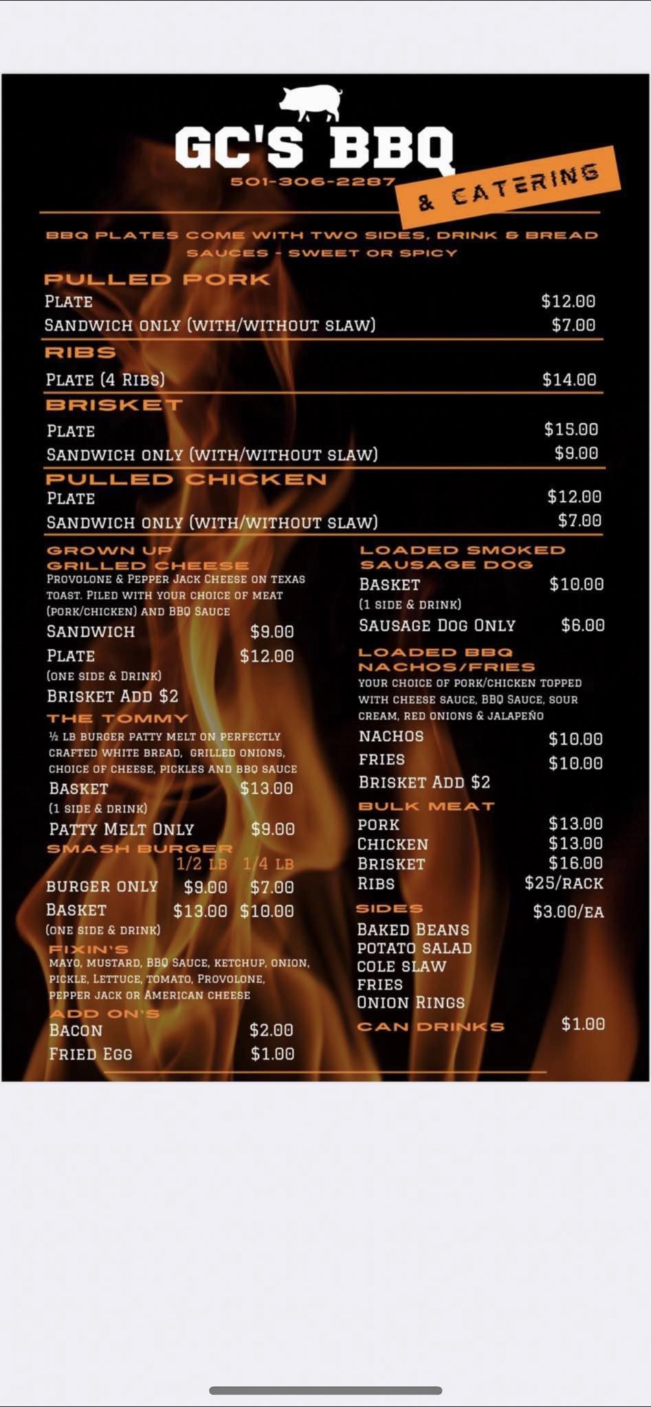GC's BBQ and catering Menu
