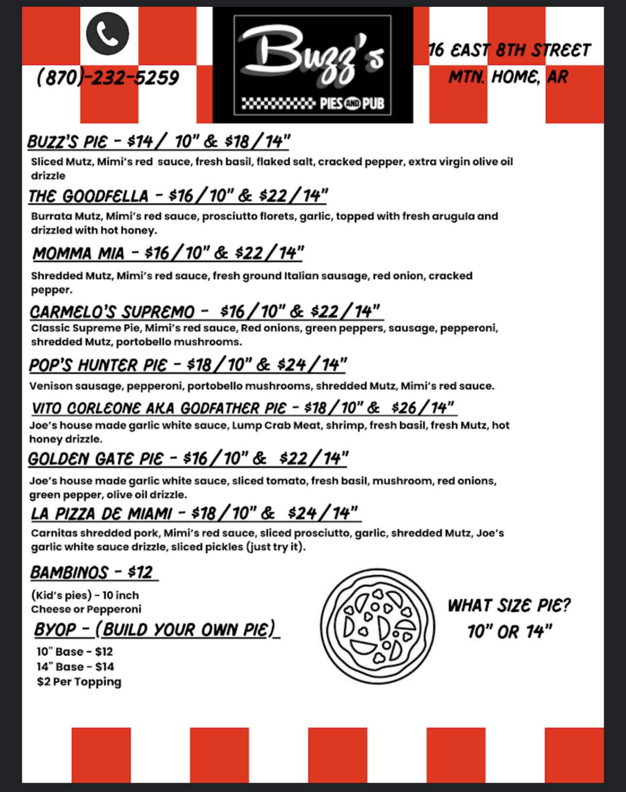 Buzz's Pies and Pub Menu