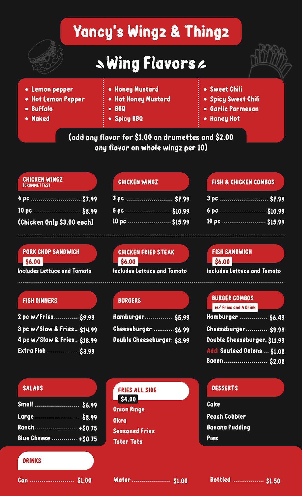 Yancy's Wingz and Thingz Menu