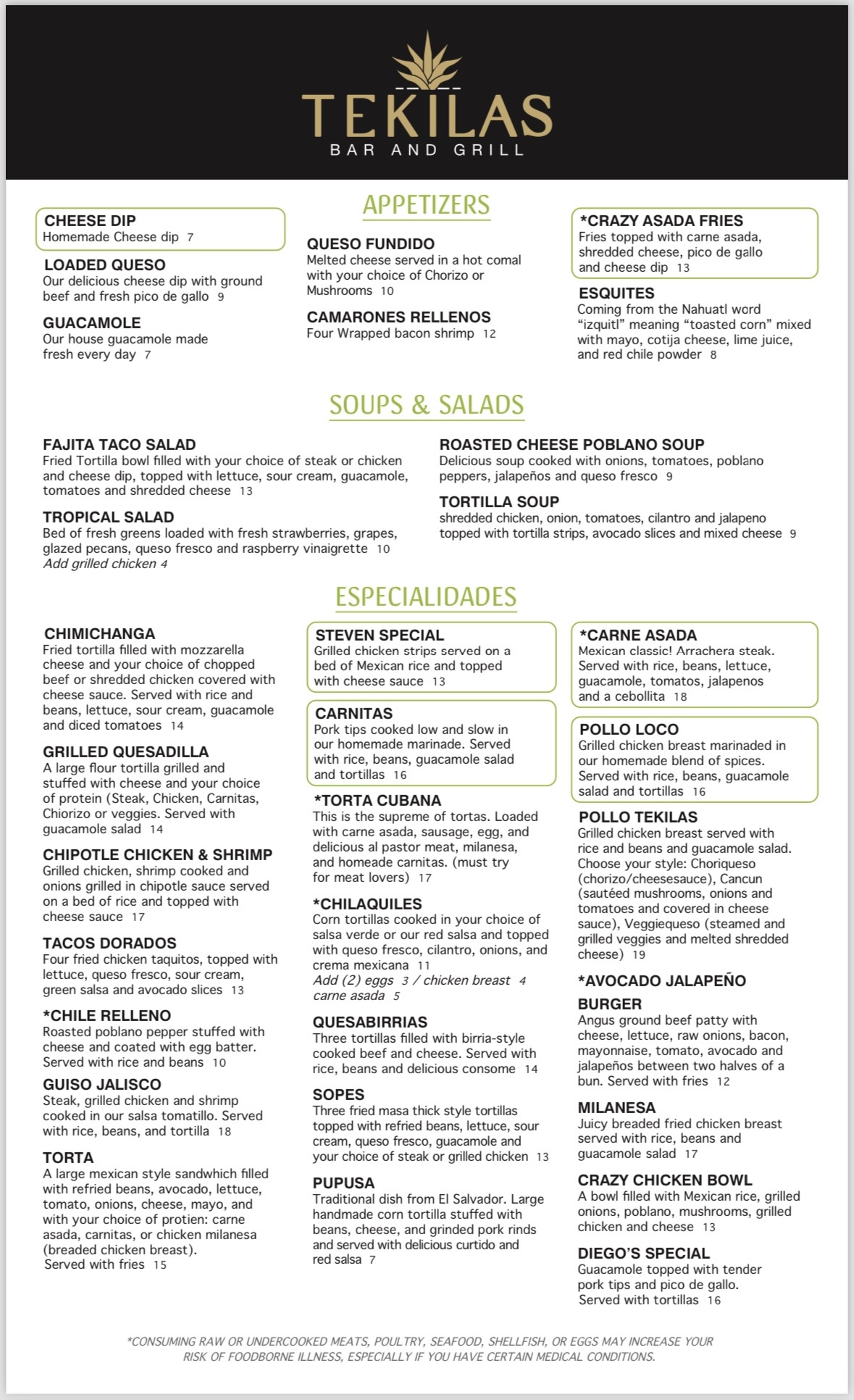 TEKILAS BAR AND GRILL Menu