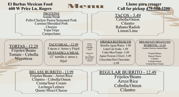 El Barbas Mexican Food Menu