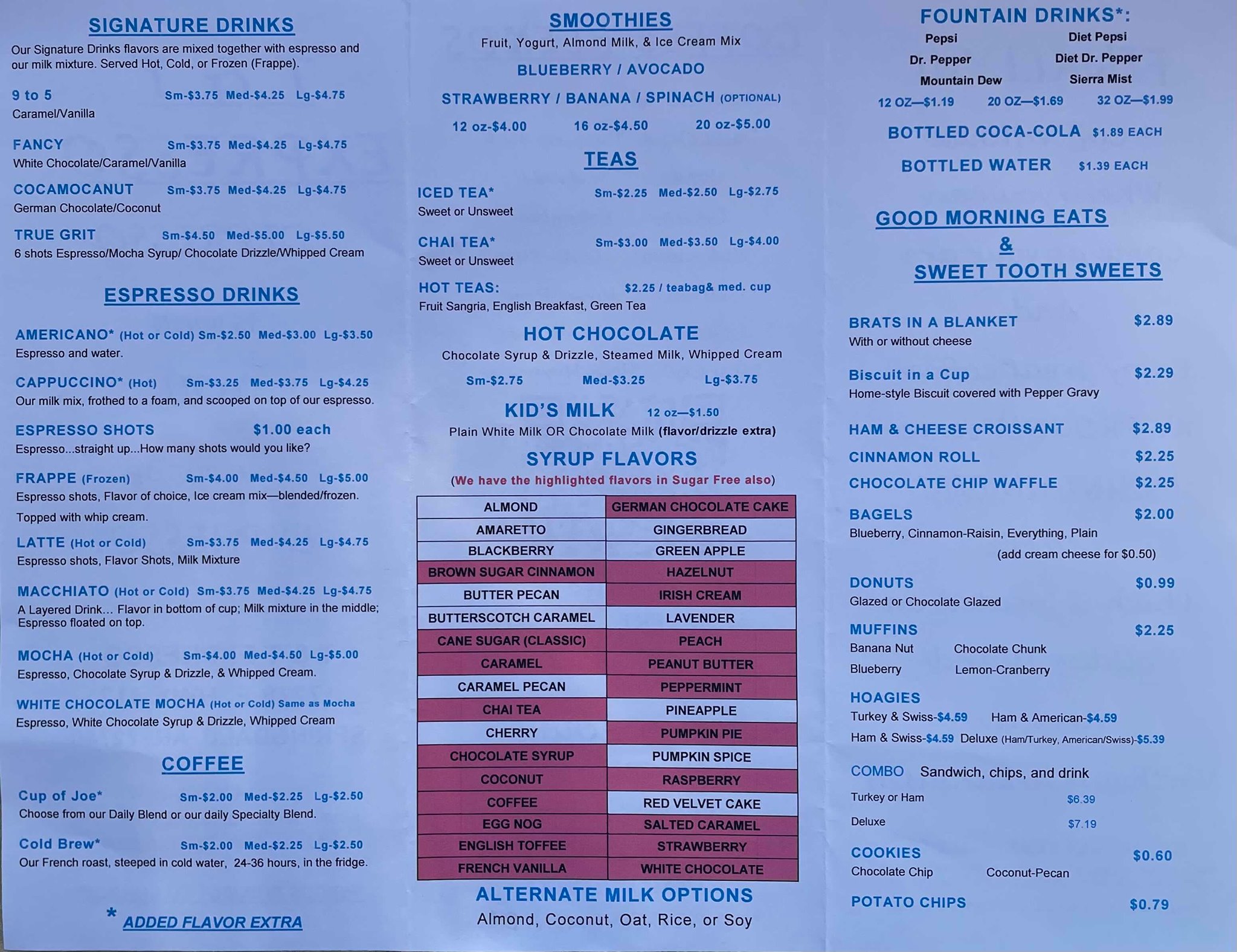 T&T Expresso Menu