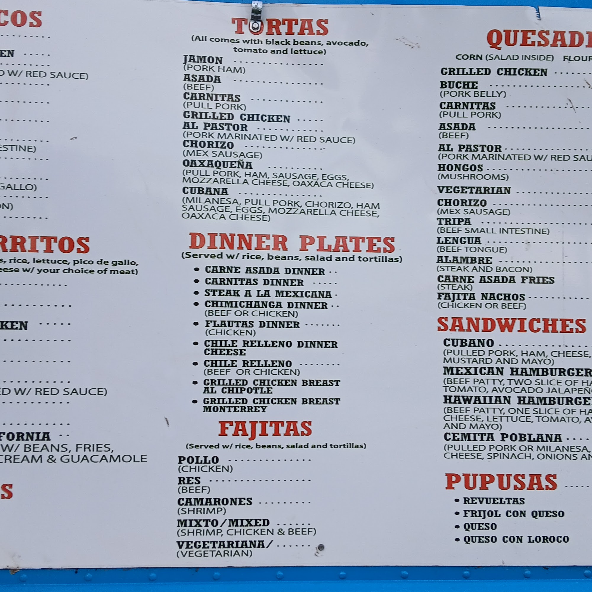 Faby's Taqueria Sonora Rd Menu