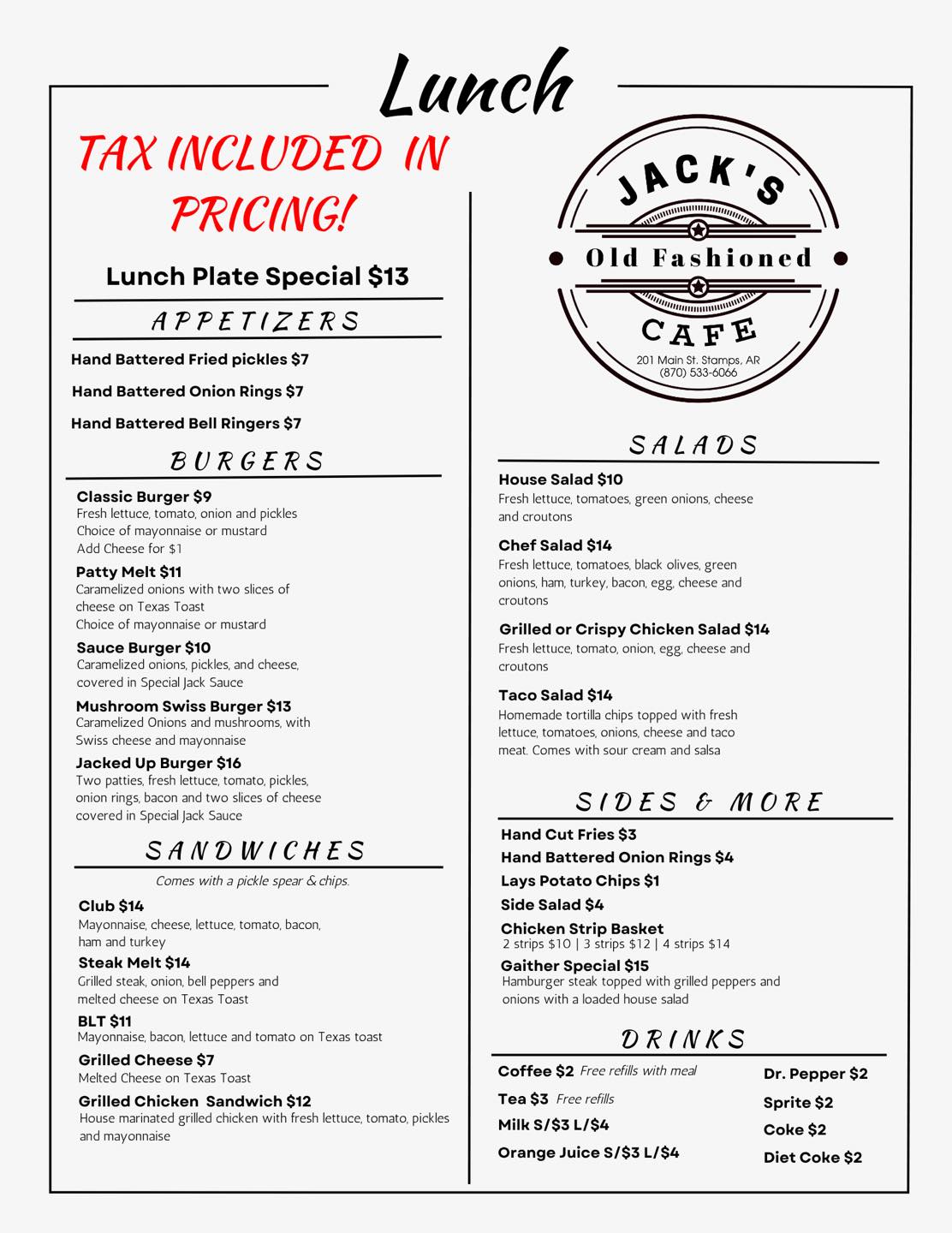 Jack's Cafe Menu