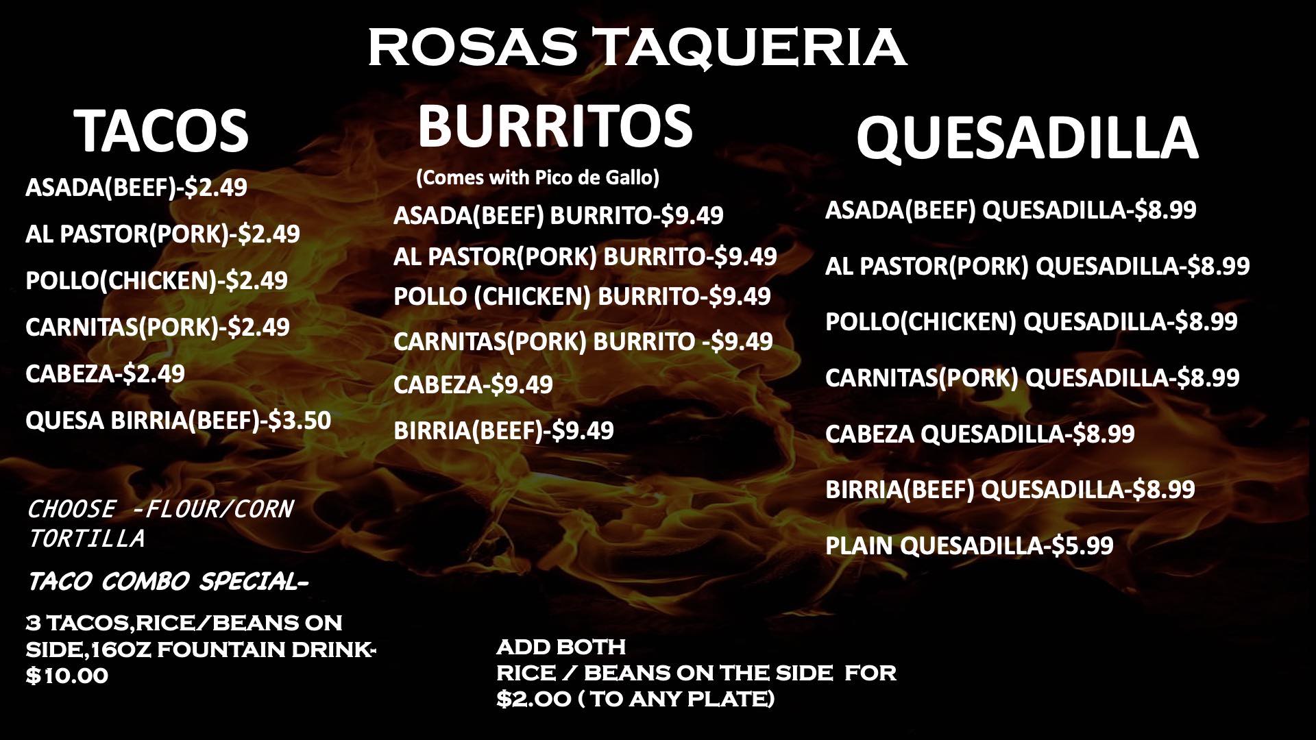 Rosas Taqueria Menu