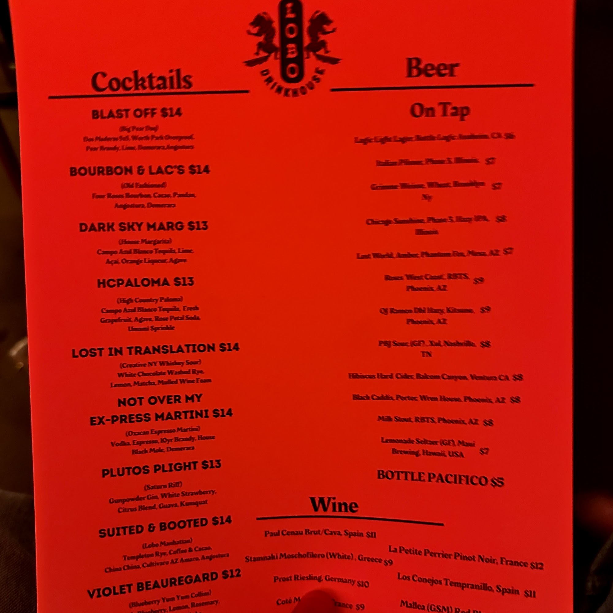 Lobo Drinkhouse Menu