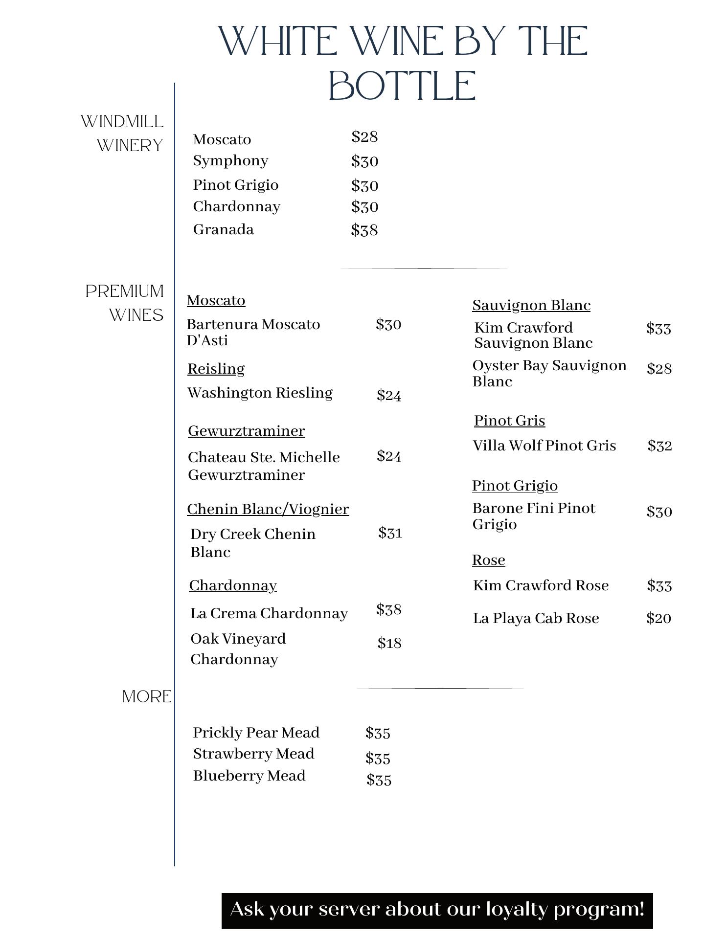 Windmill Winery Tasting Room Menu