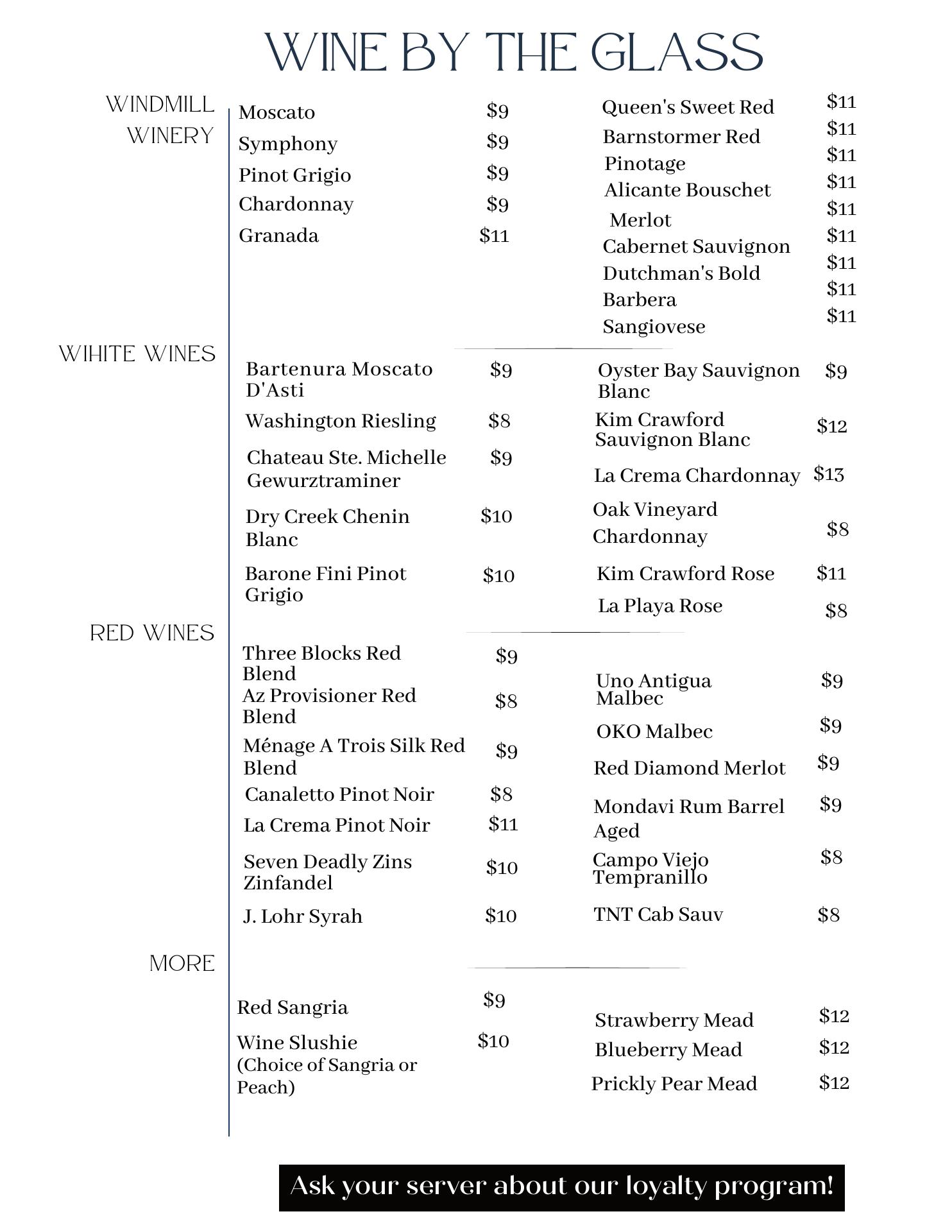 Windmill Winery Tasting Room Menu