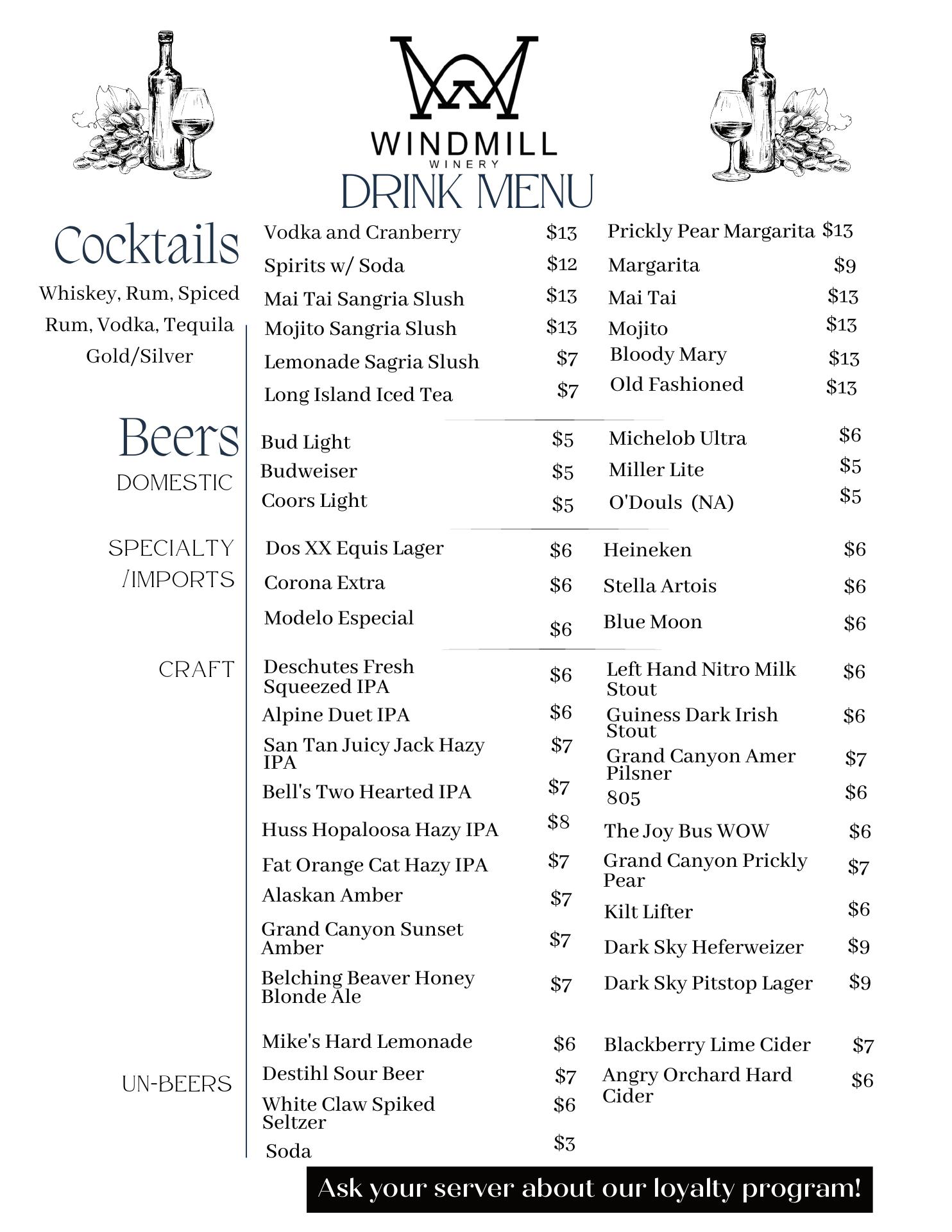 Windmill Winery Tasting Room Menu
