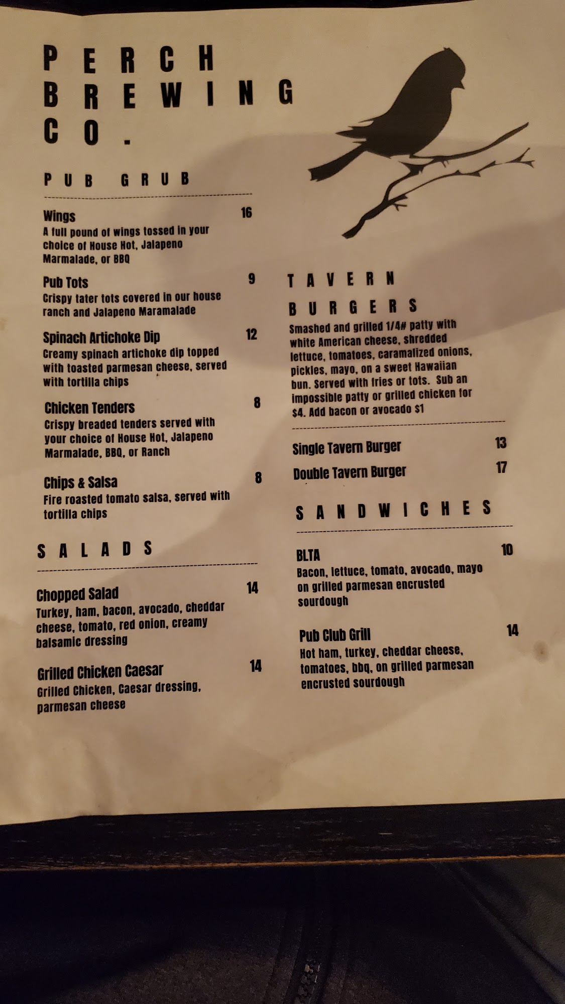 Perch Brewing Co. Menu