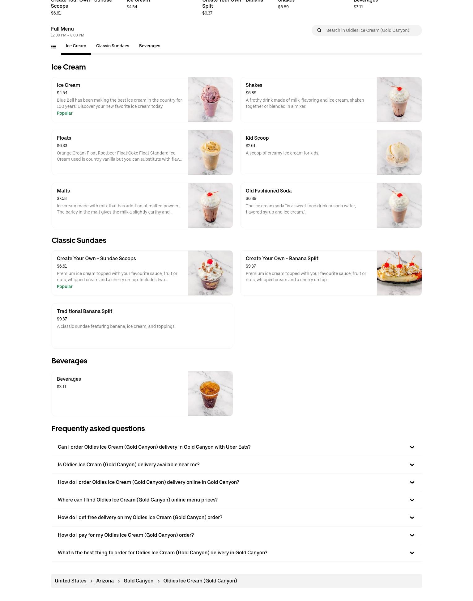 Oldie's Ice Cream Menu