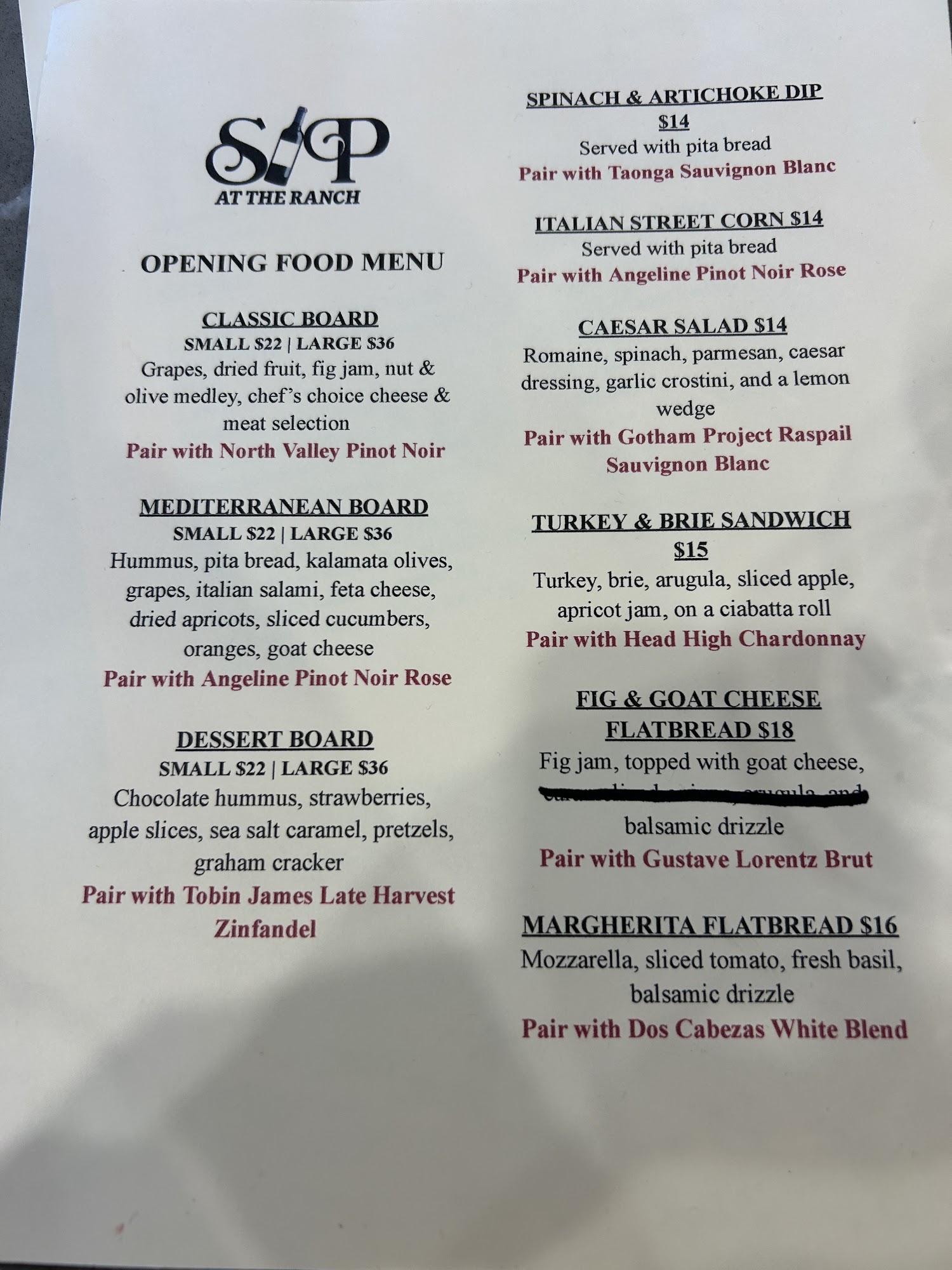 Sip at the Ranch Menu