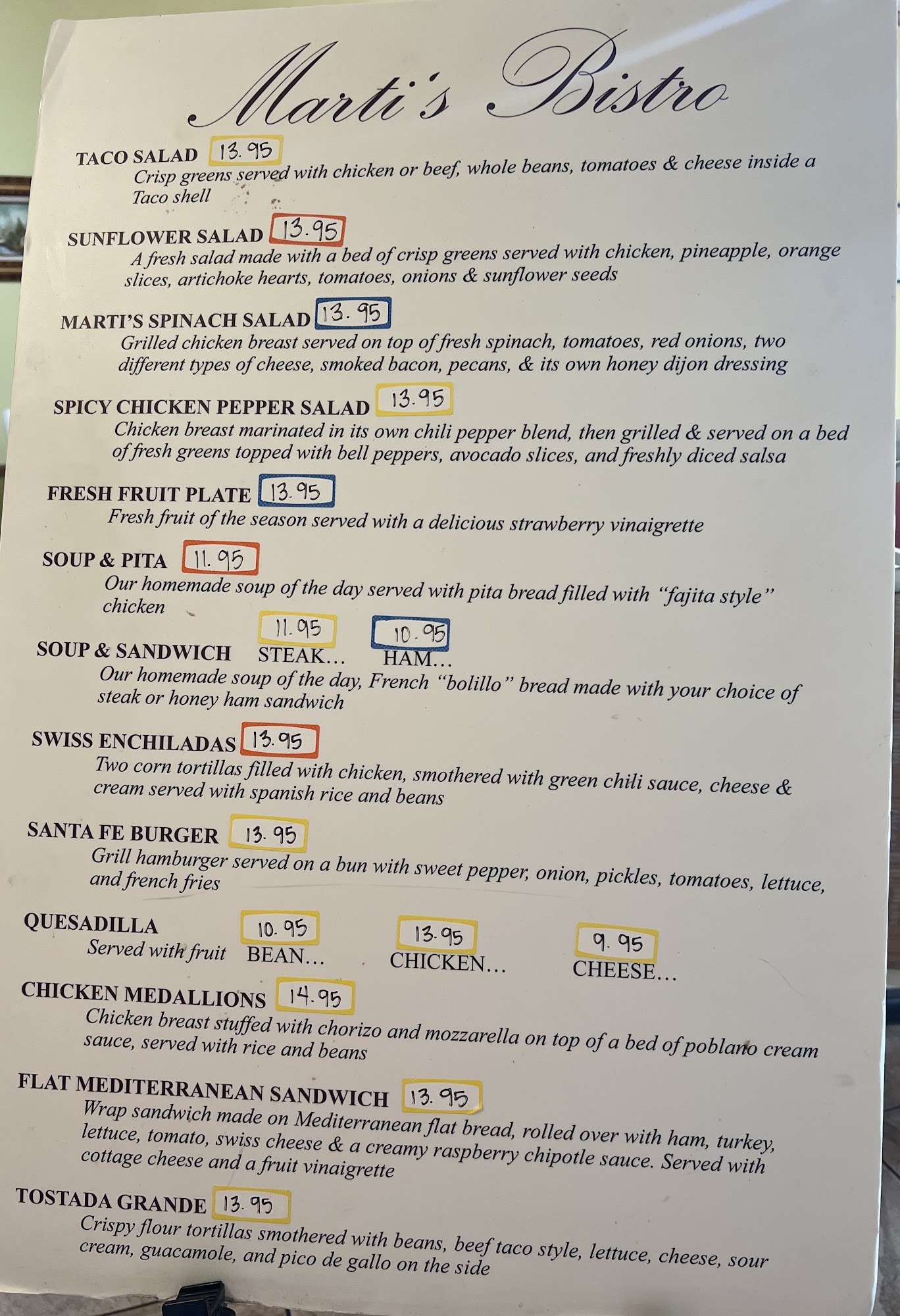 Marti’s Bistro Menu