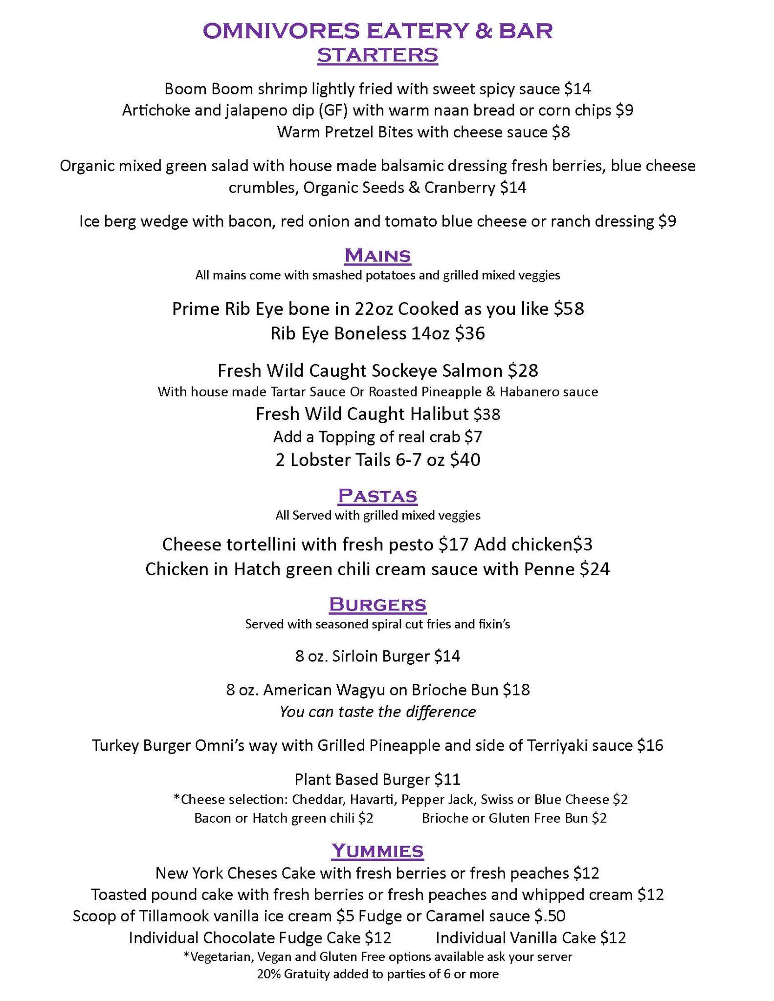 Omnivores Eatery and Bar Menu