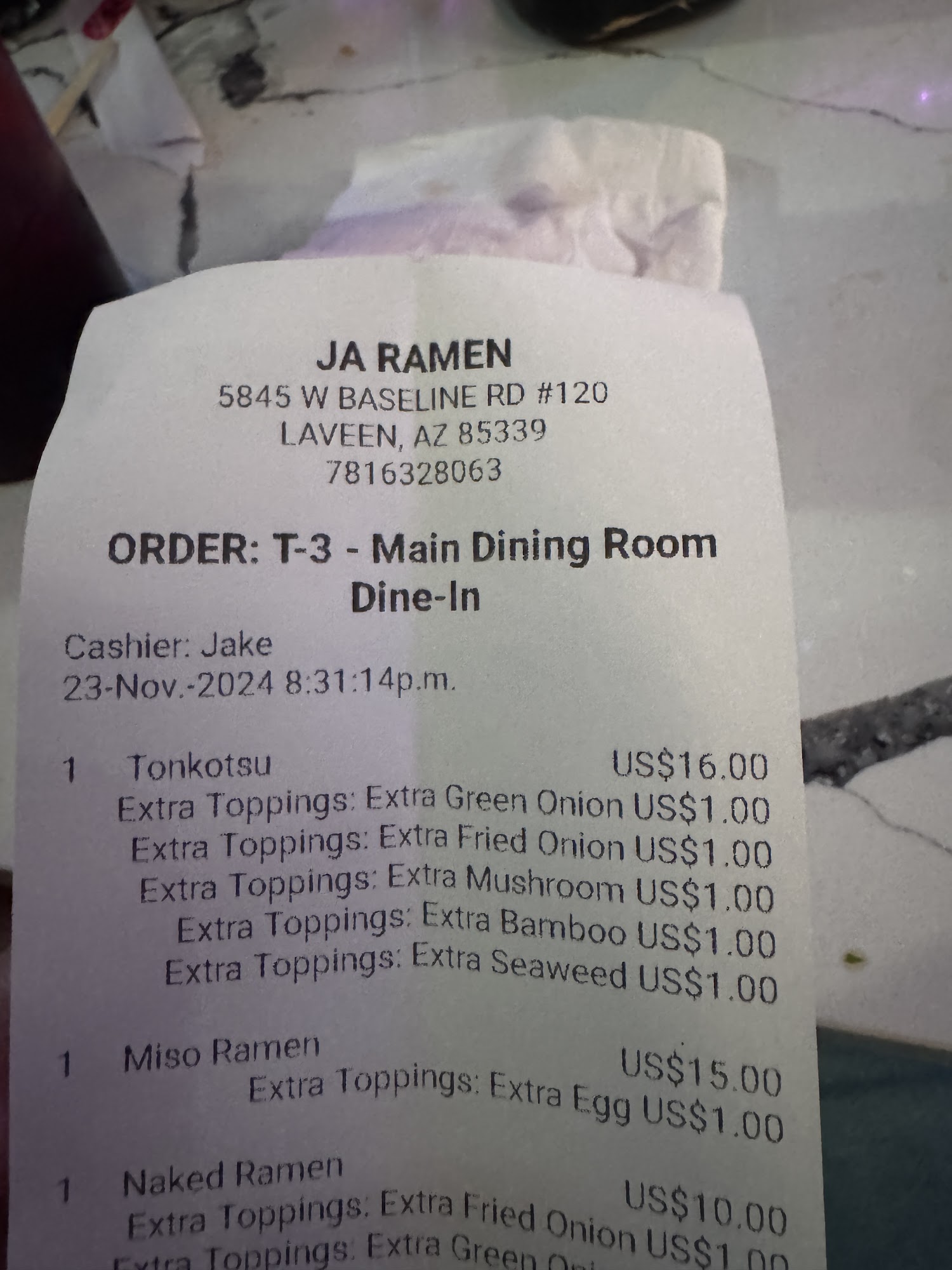 Ja Ramen Laveen Menu