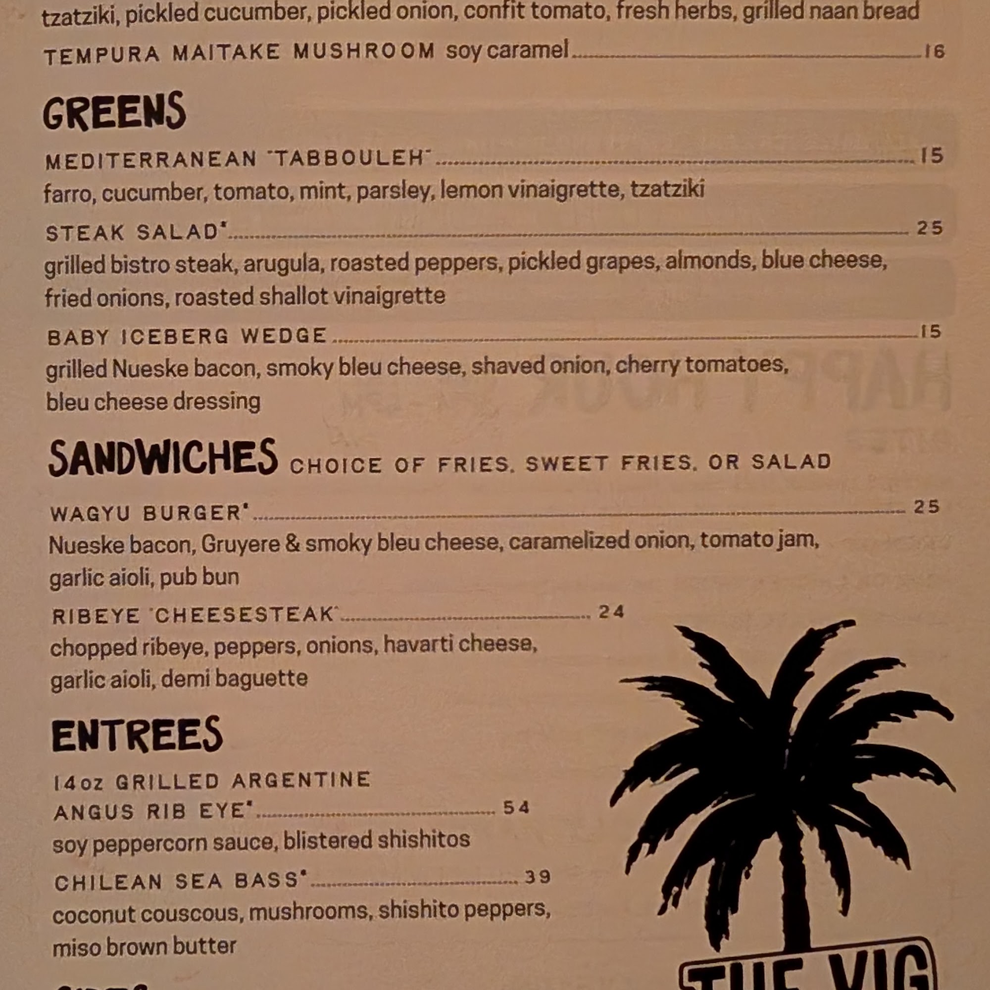The VIG Dana Park Menu