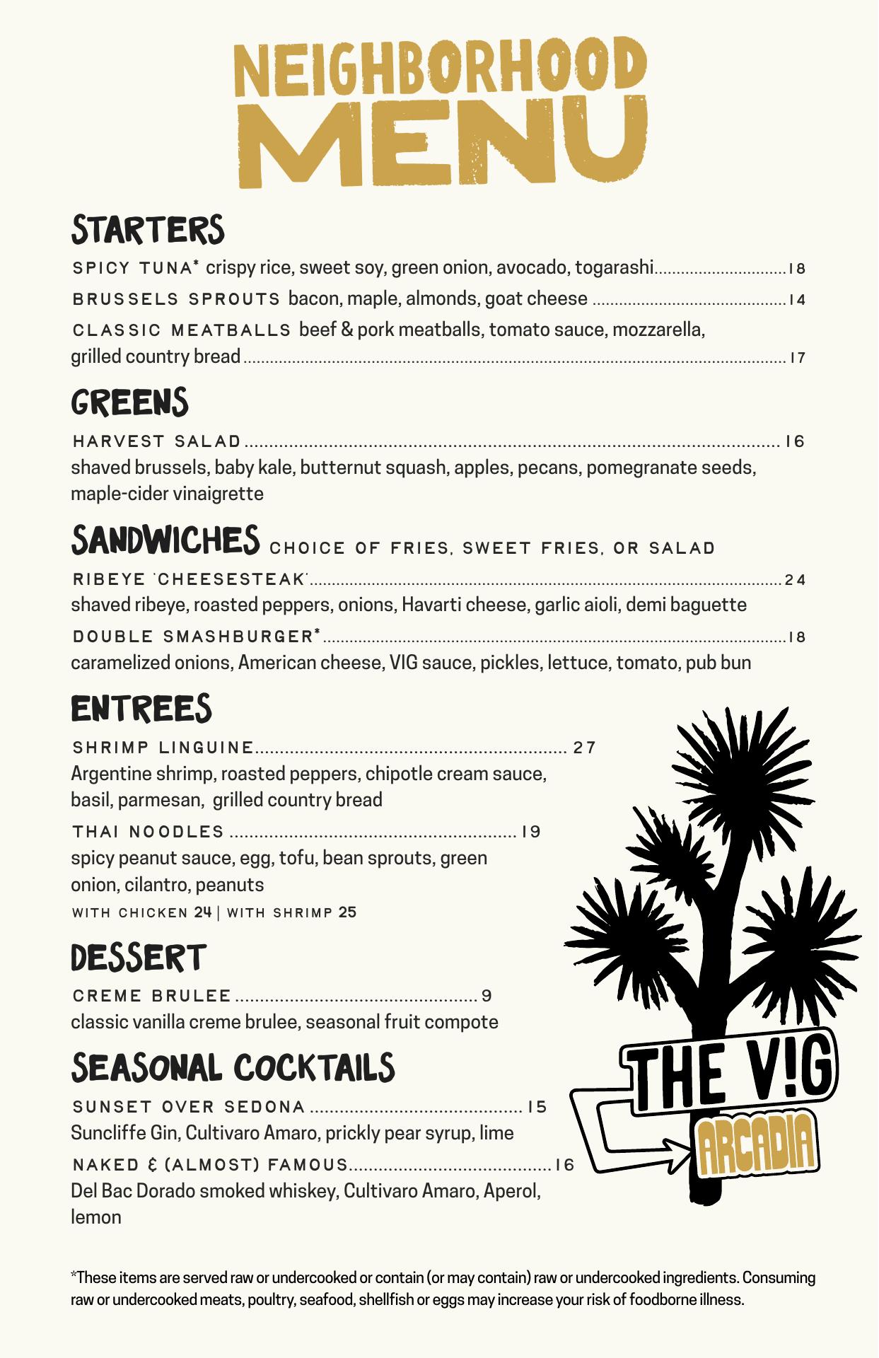 The VIG Dana Park Menu