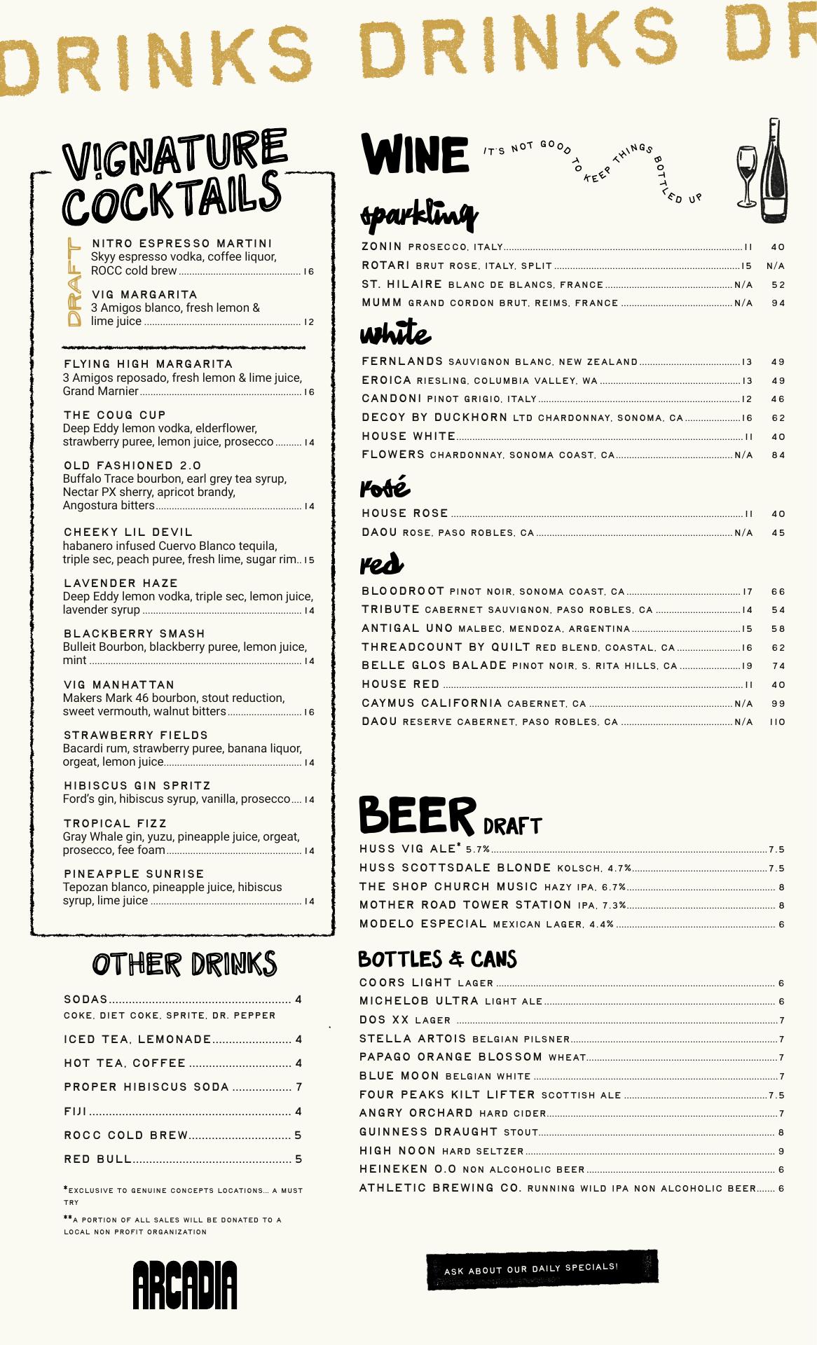 The VIG Dana Park Menu