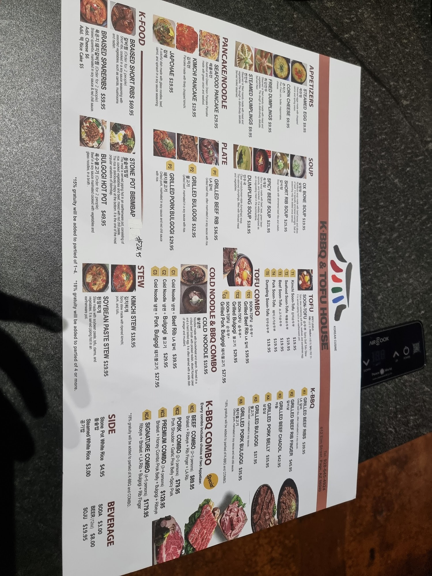 K-BBQ and Tofu Menu