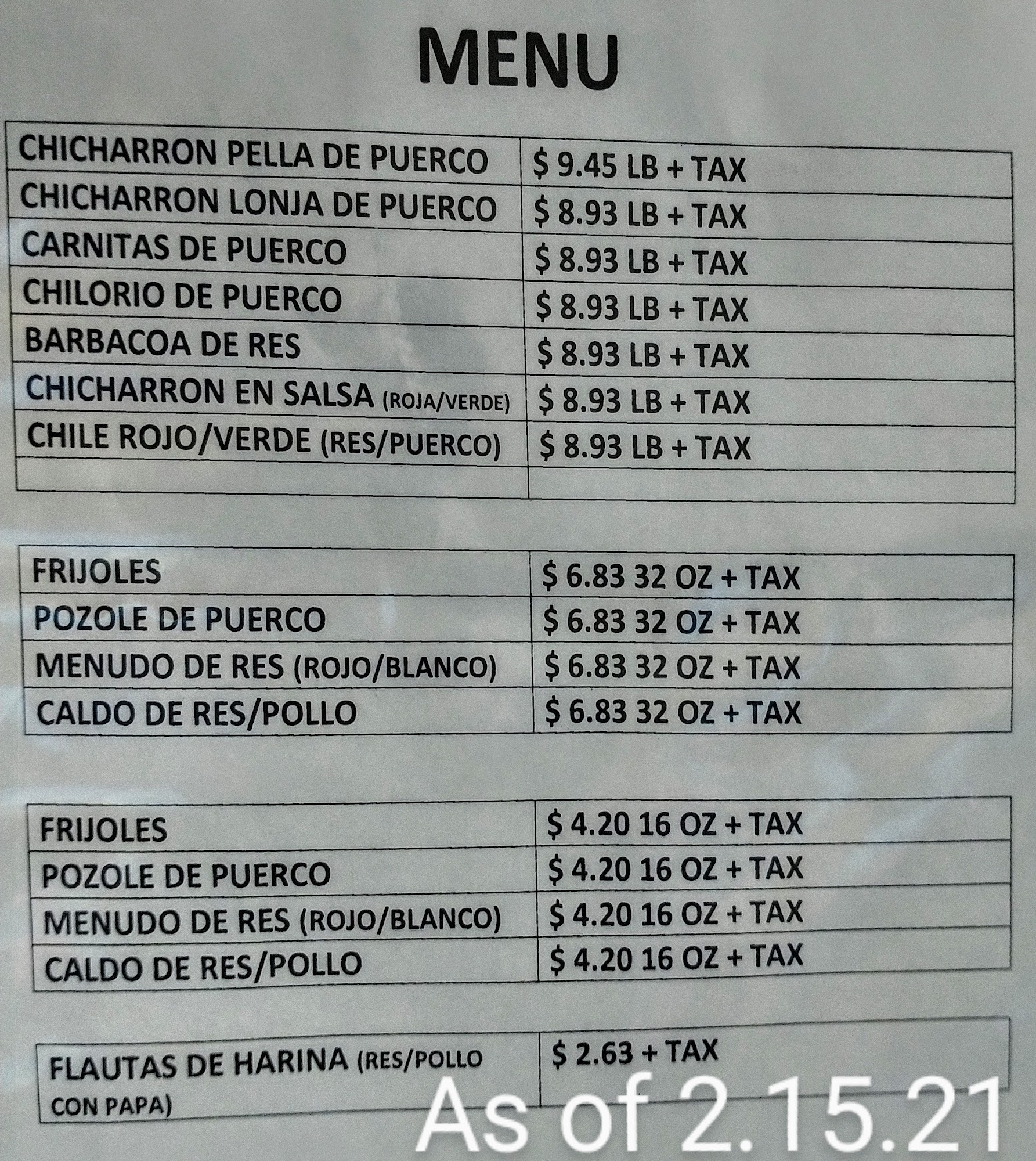 La Sonorense Tortilla Factory Menu