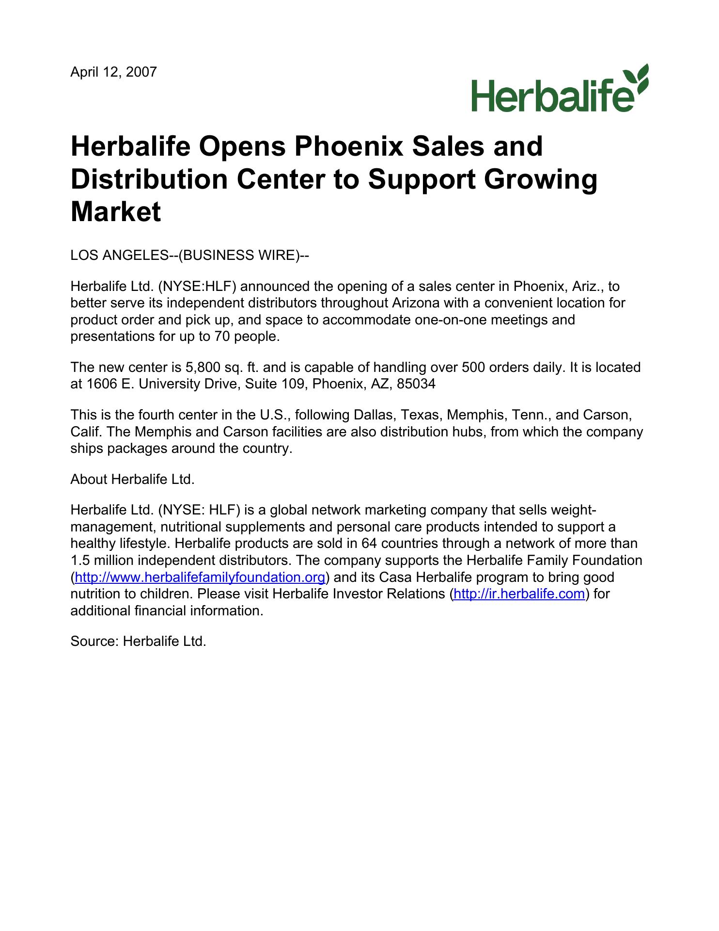 Herbalife Warehouse - Phoenix Menu