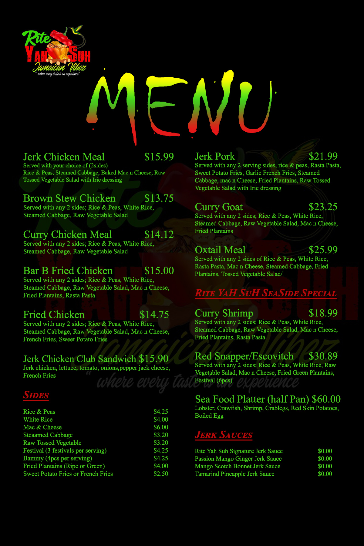 Rite Yah Suh Jamaican Vibez LLC Menu