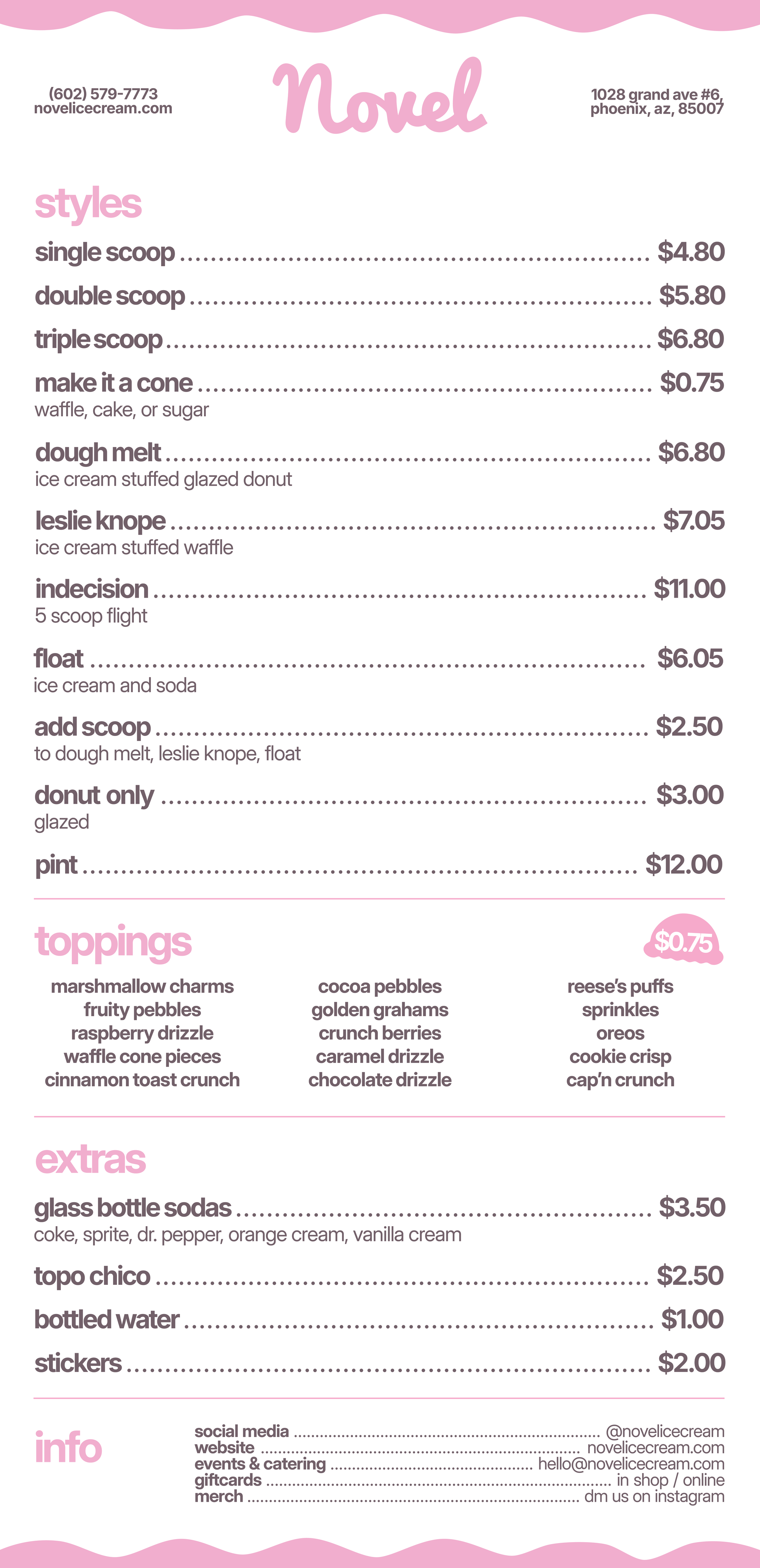 Novel Ice Cream Menu