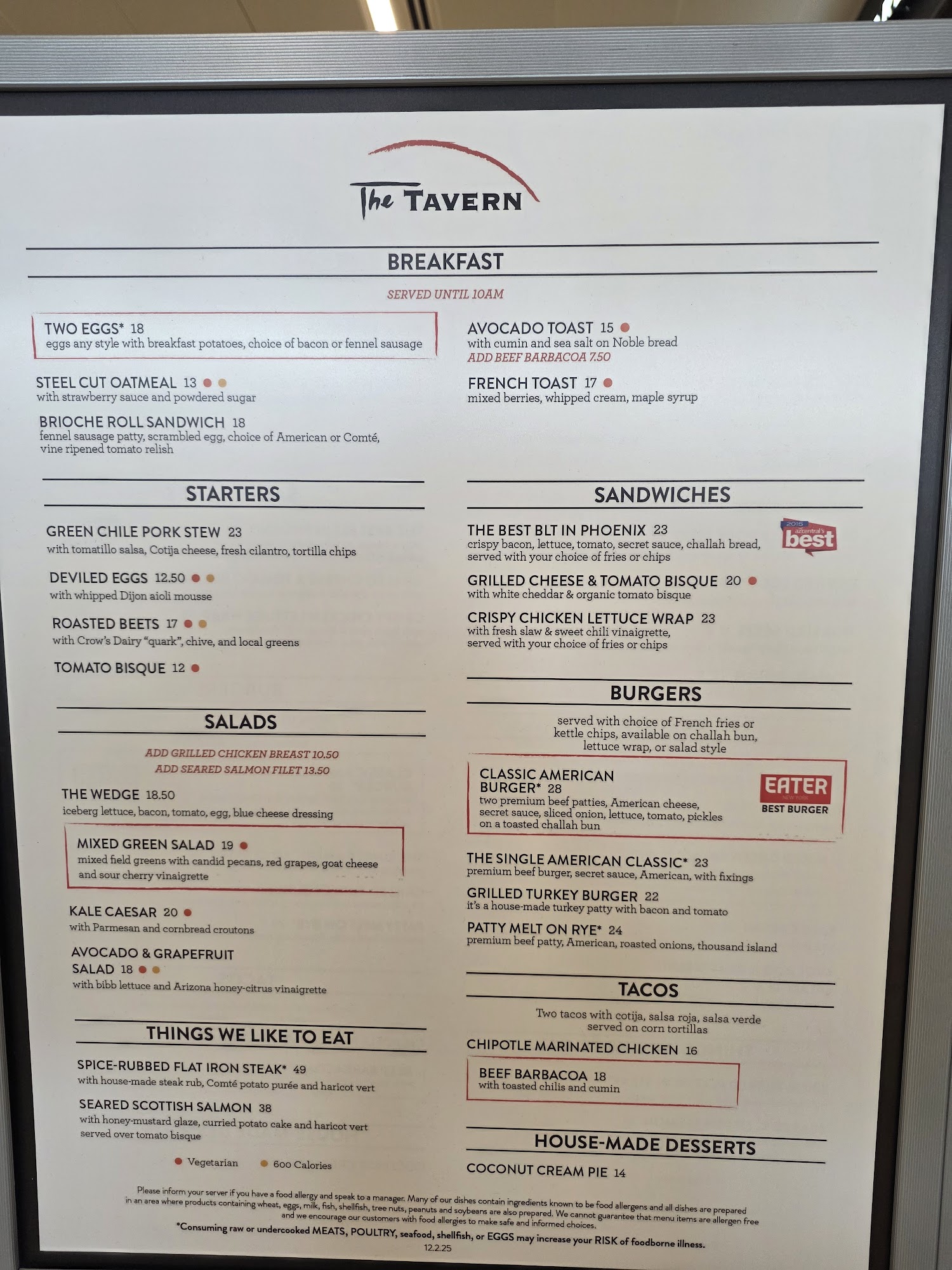 The Tavern Grill Menu