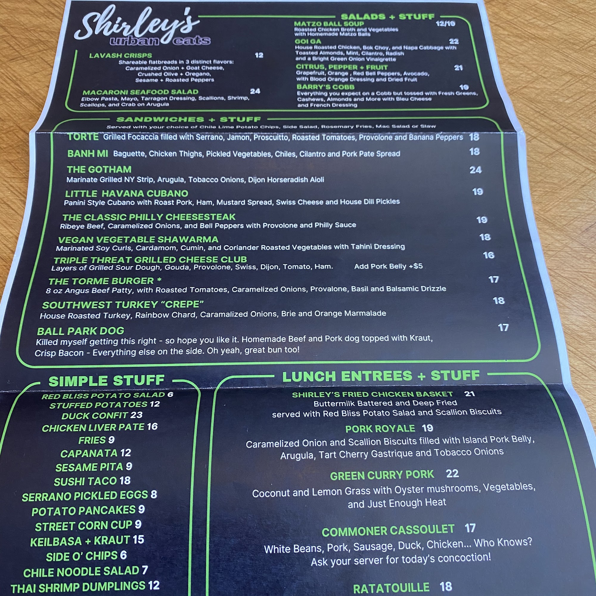 Shirley's Urban Eats Menu